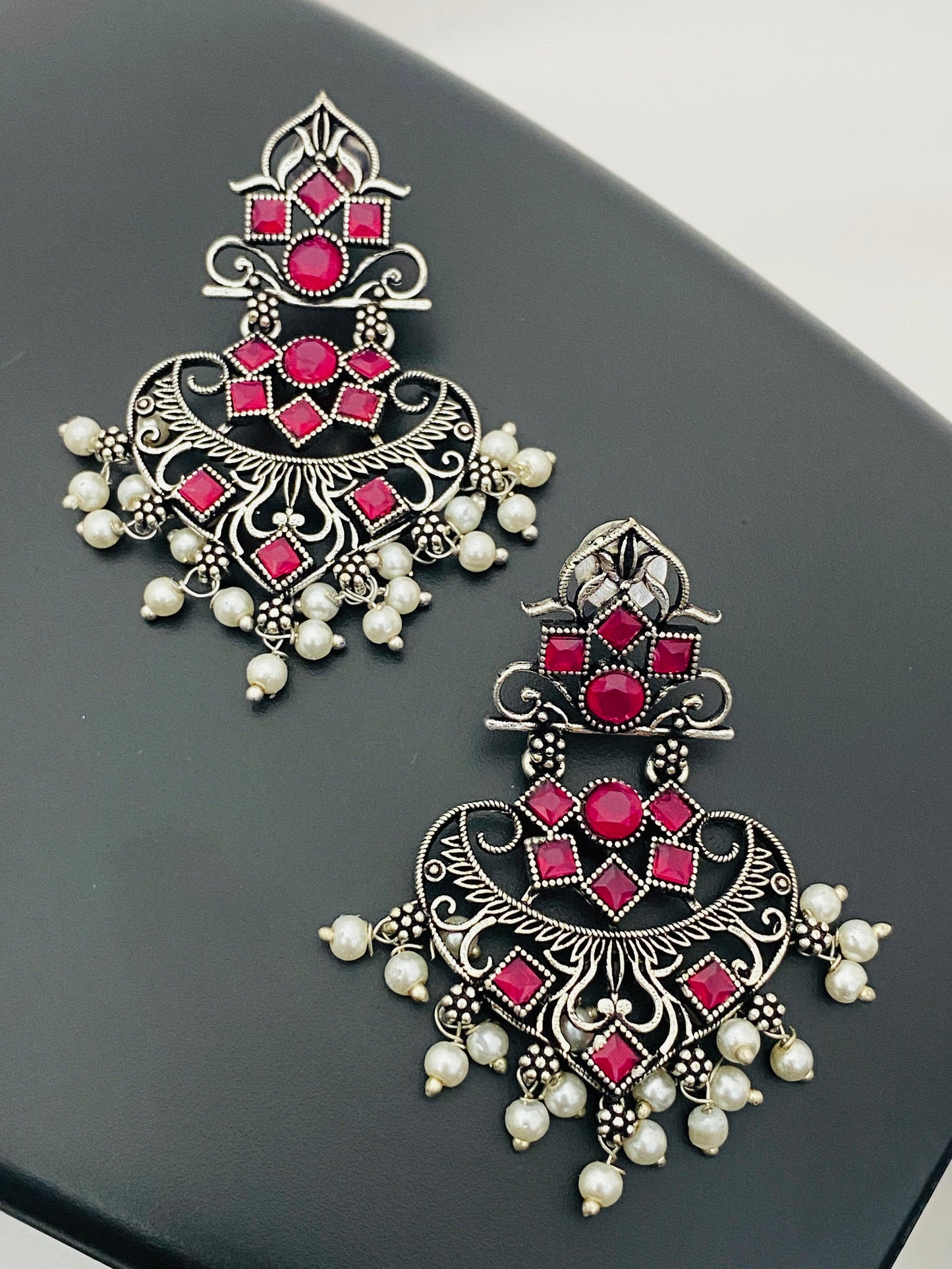 Gorgeous Ruby Stone Beaded German Silver Plated Designer Oxidized Earrings With Pearl Drops