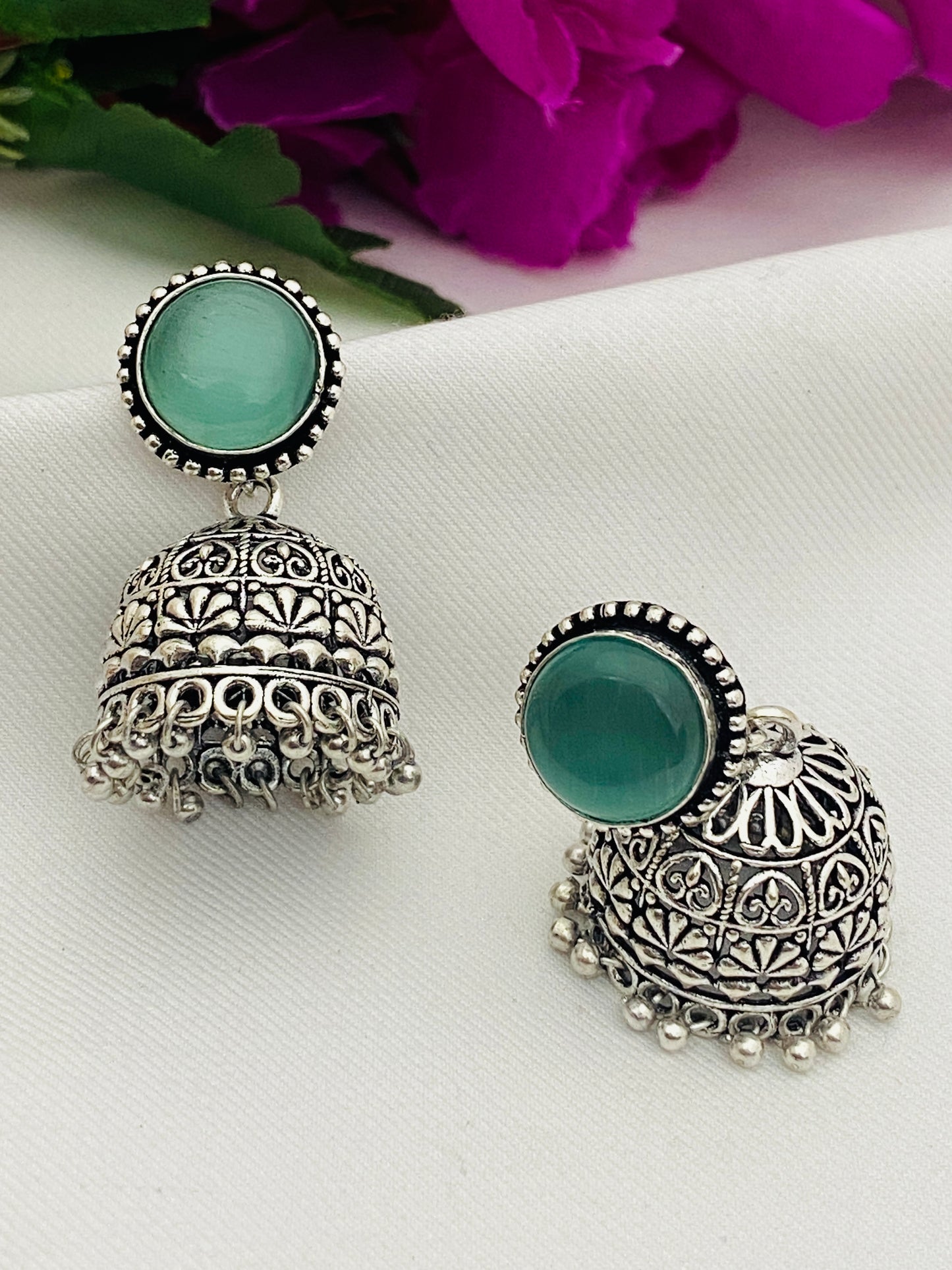 Silver Plated Oxidized Jhumka Earrings With Dangle Beads in Yuma