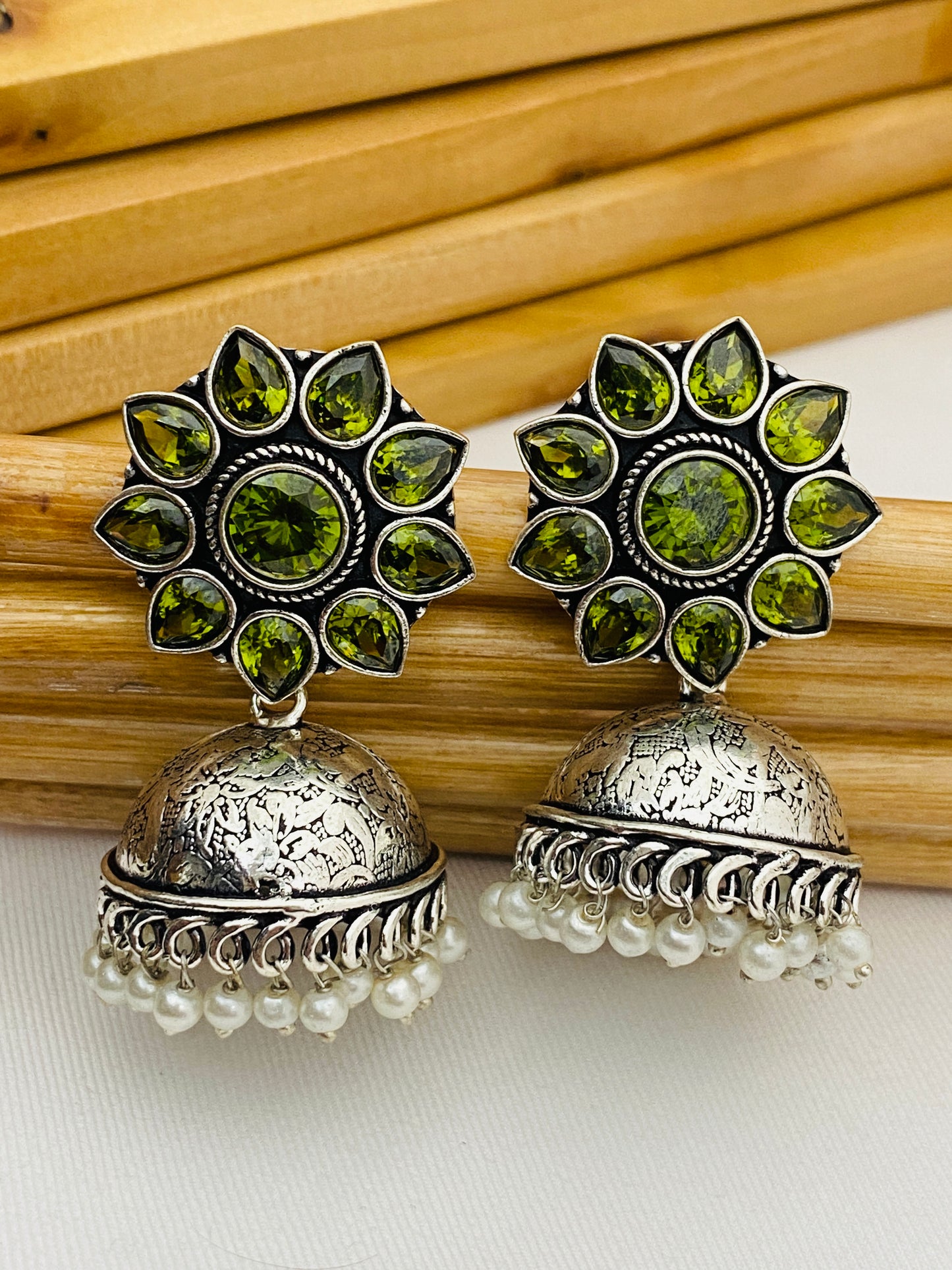 Appealing Green Color Floral Designer Oxidized Earrings For Women In Yuma
