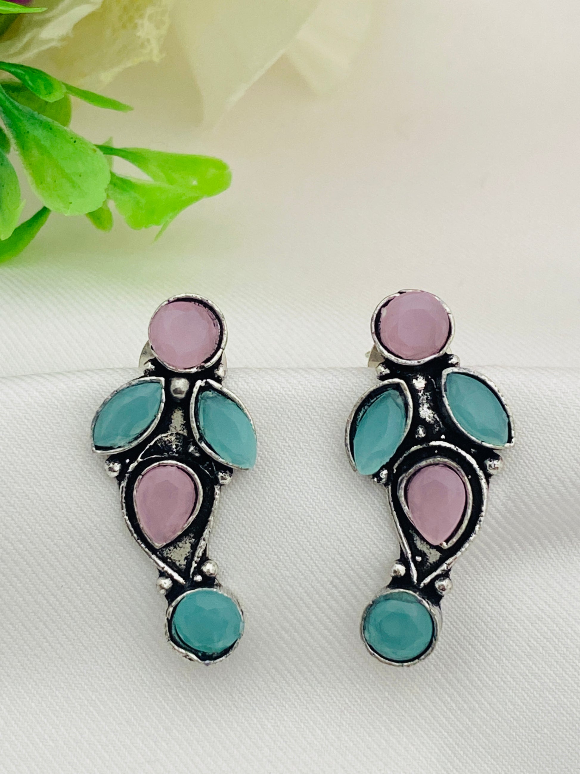 Elegant Blue And Pink Color Designer Silver Oxidized Earrings Near Me