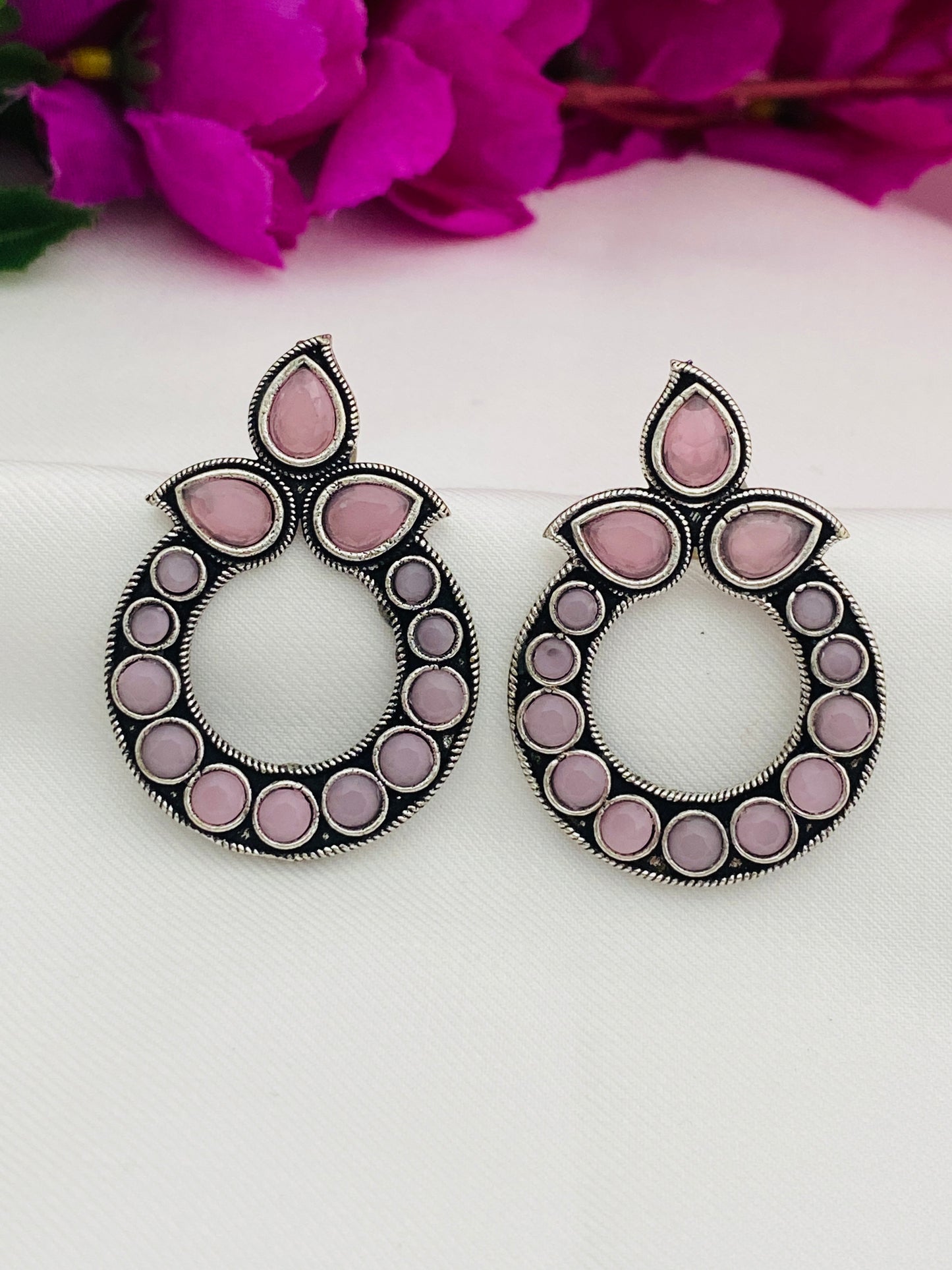 Beautiful Pink Stone Oxidized Earrings For Women