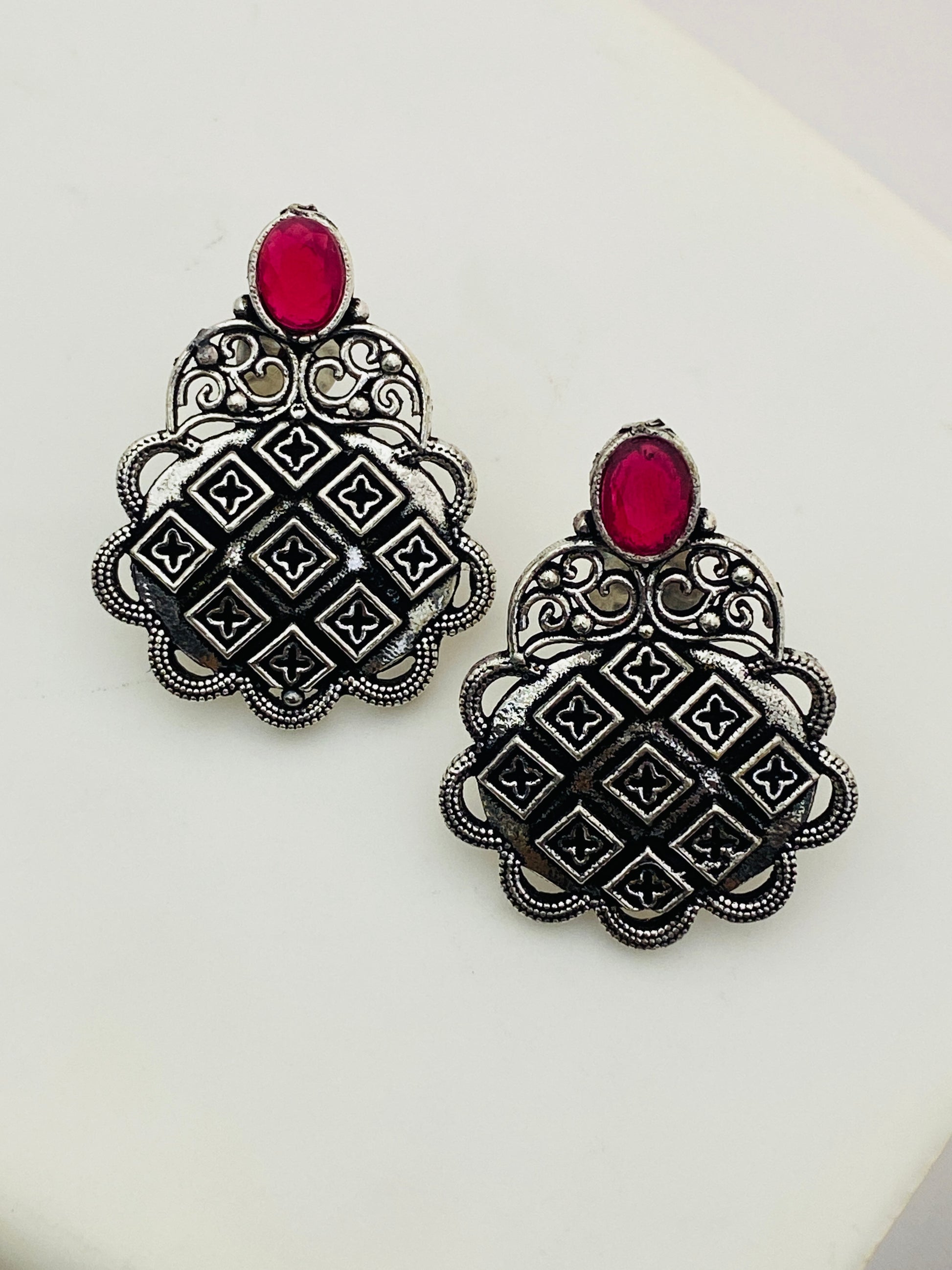 Appealing Pink Color Silver Designer Oxidized Earrings For Women