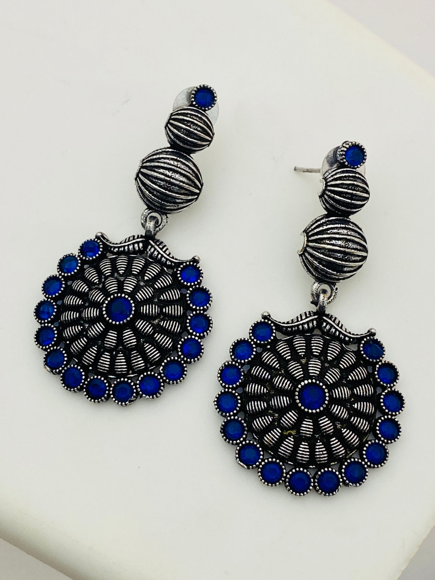 Attractive Blue Stone German Silver Plated Designer Oxidized Earrings