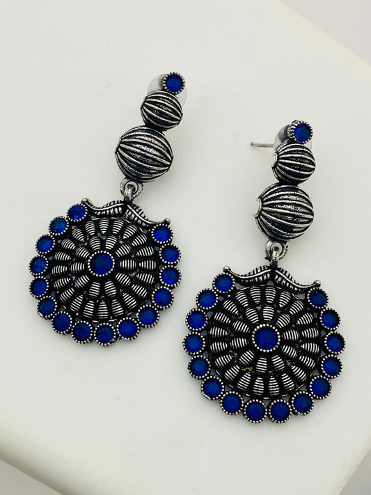 Attractive Blue Stone German Silver Plated Designer Oxidized Earrings