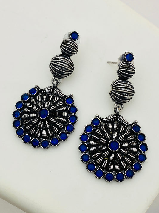 Attractive Blue Stone Beaded German Silver Plated Designer Oxidized Earrings