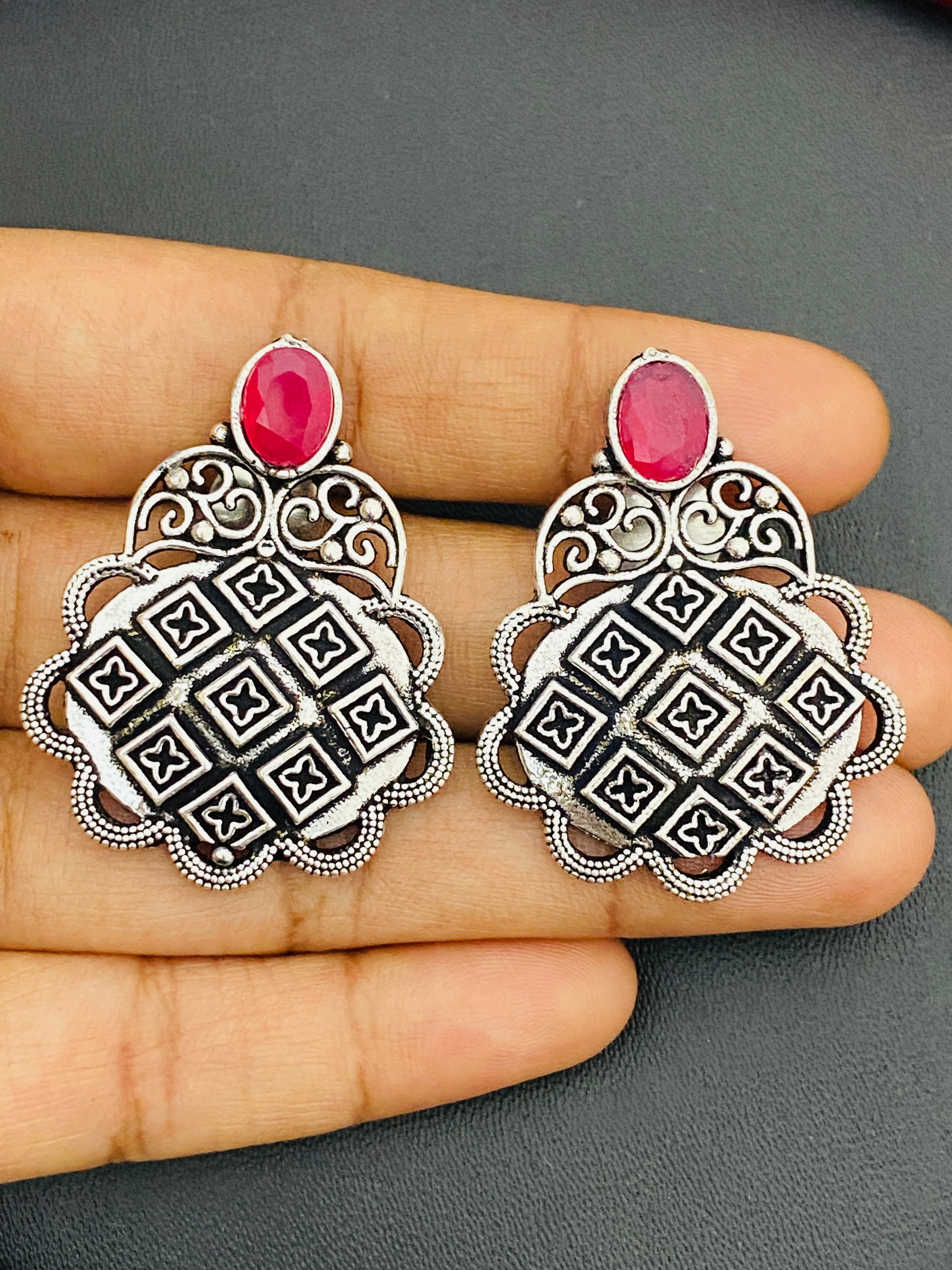 Appealing Pink Color Silver Designer Oxidized Earrings For Women Near Me