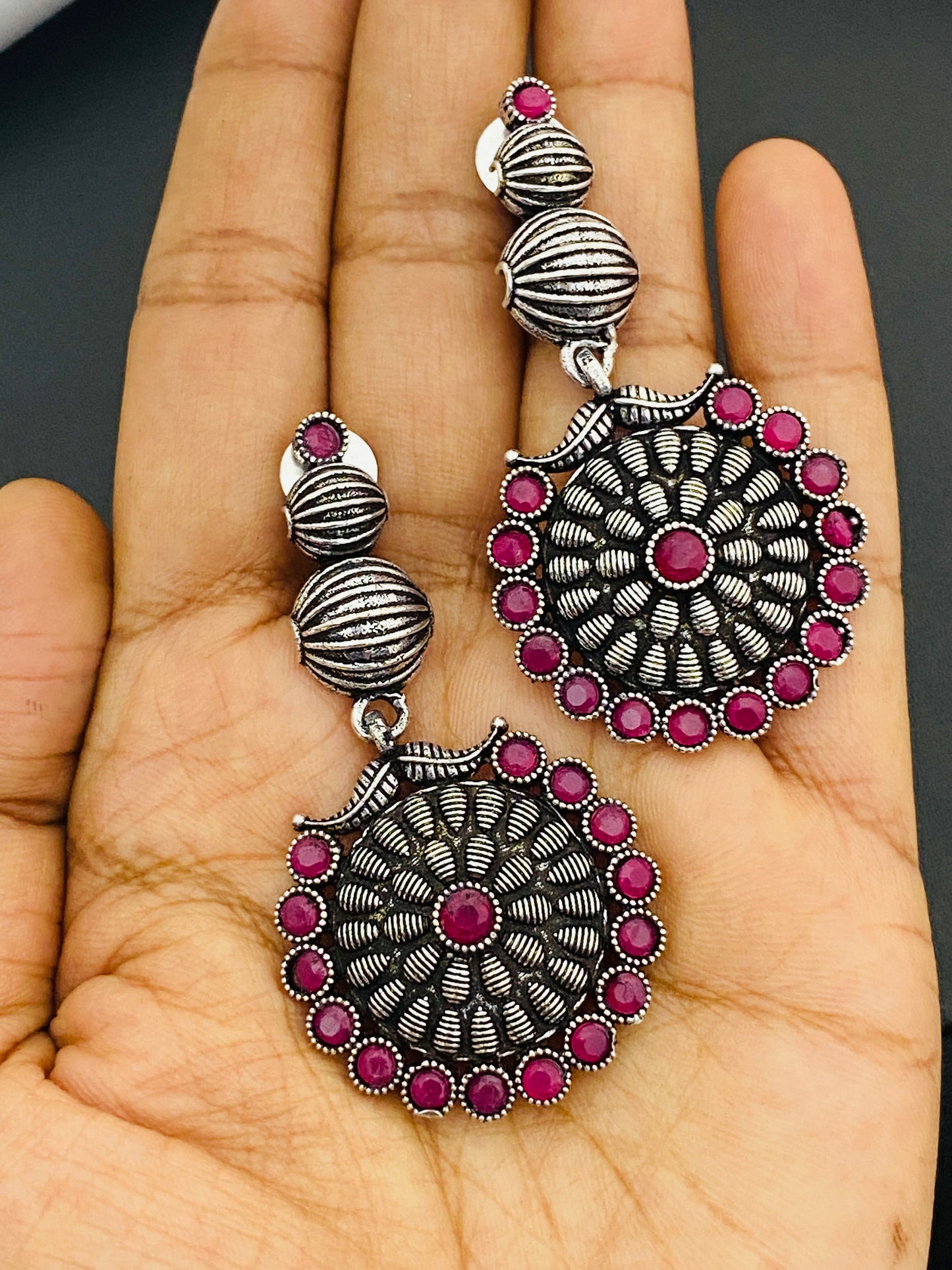 Ruby Stone Studded Silver Toned Designer Oxidized Long Earrings Near Me