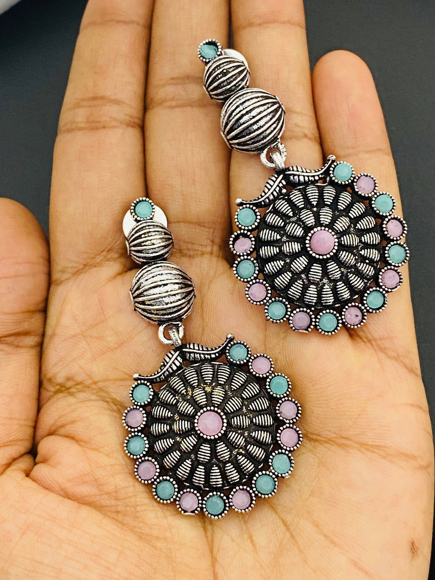 Multicolor Stone Beaded Floral Designed Silver Toned Designer Oxidized Earrings Near Me