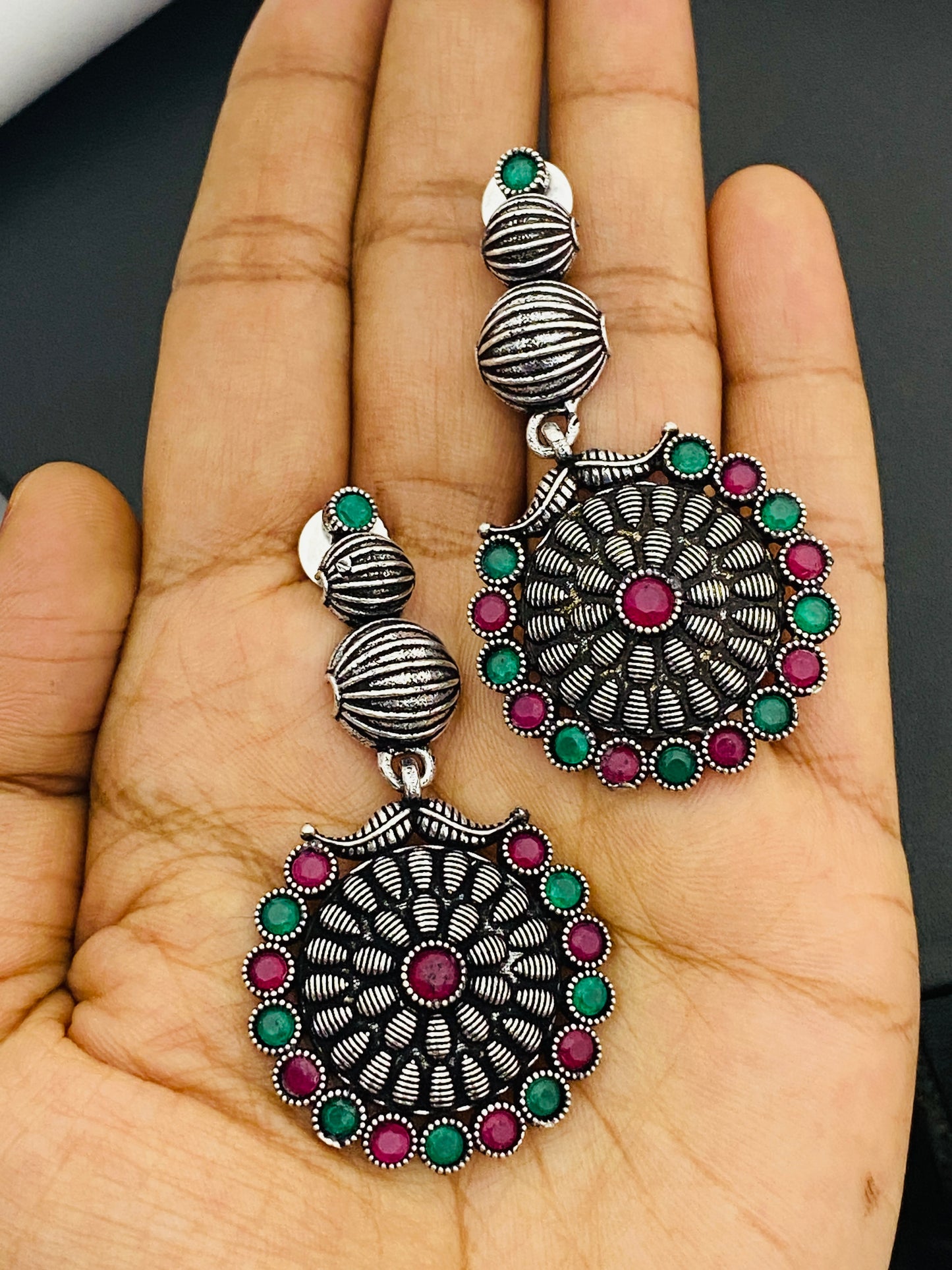 Stone Beaded Silver Toned Long Oxidized Earrings For Women Near Me