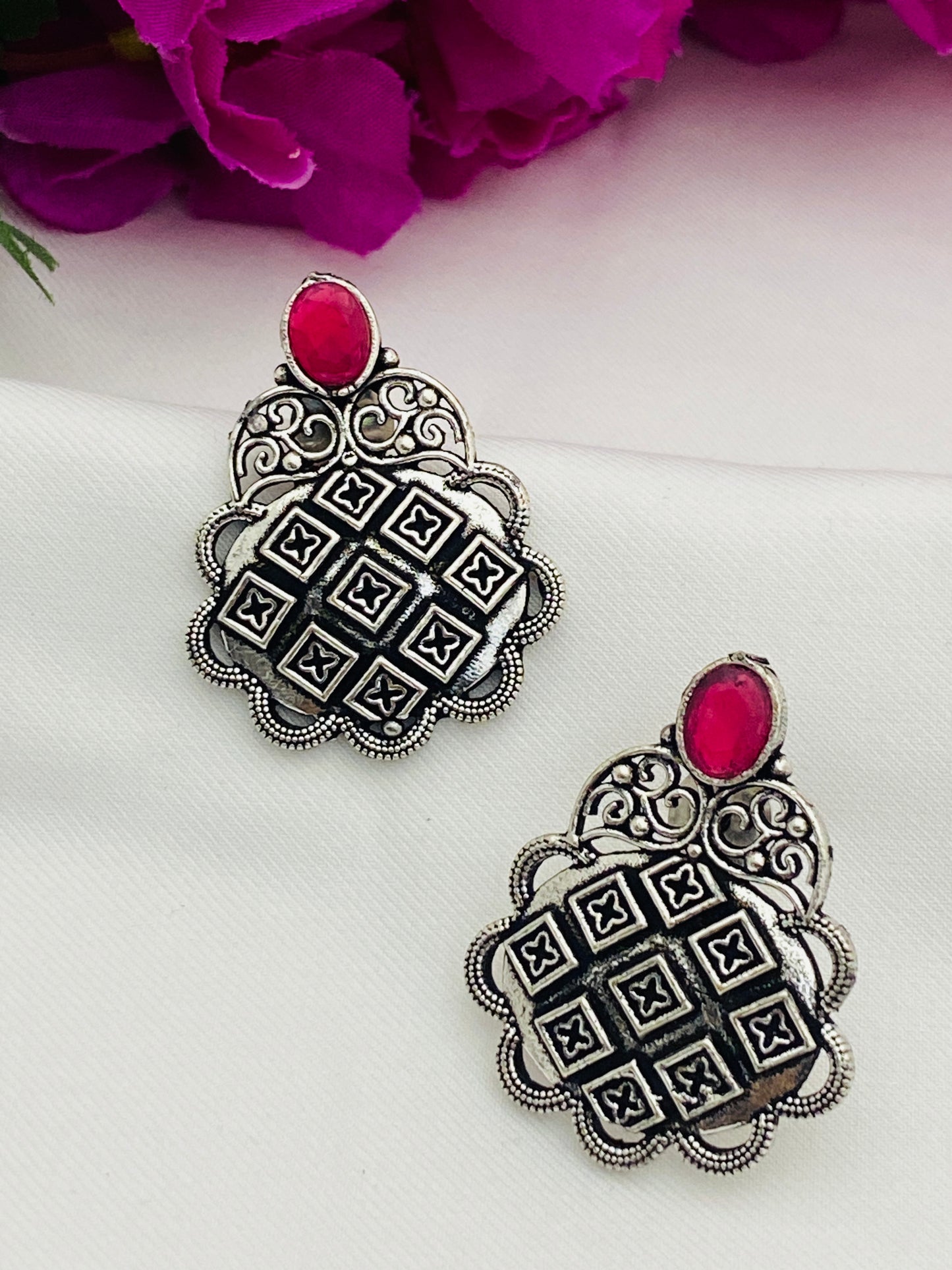 Appealing Pink Color Silver Designer Oxidized Earrings For Women In Tempe
