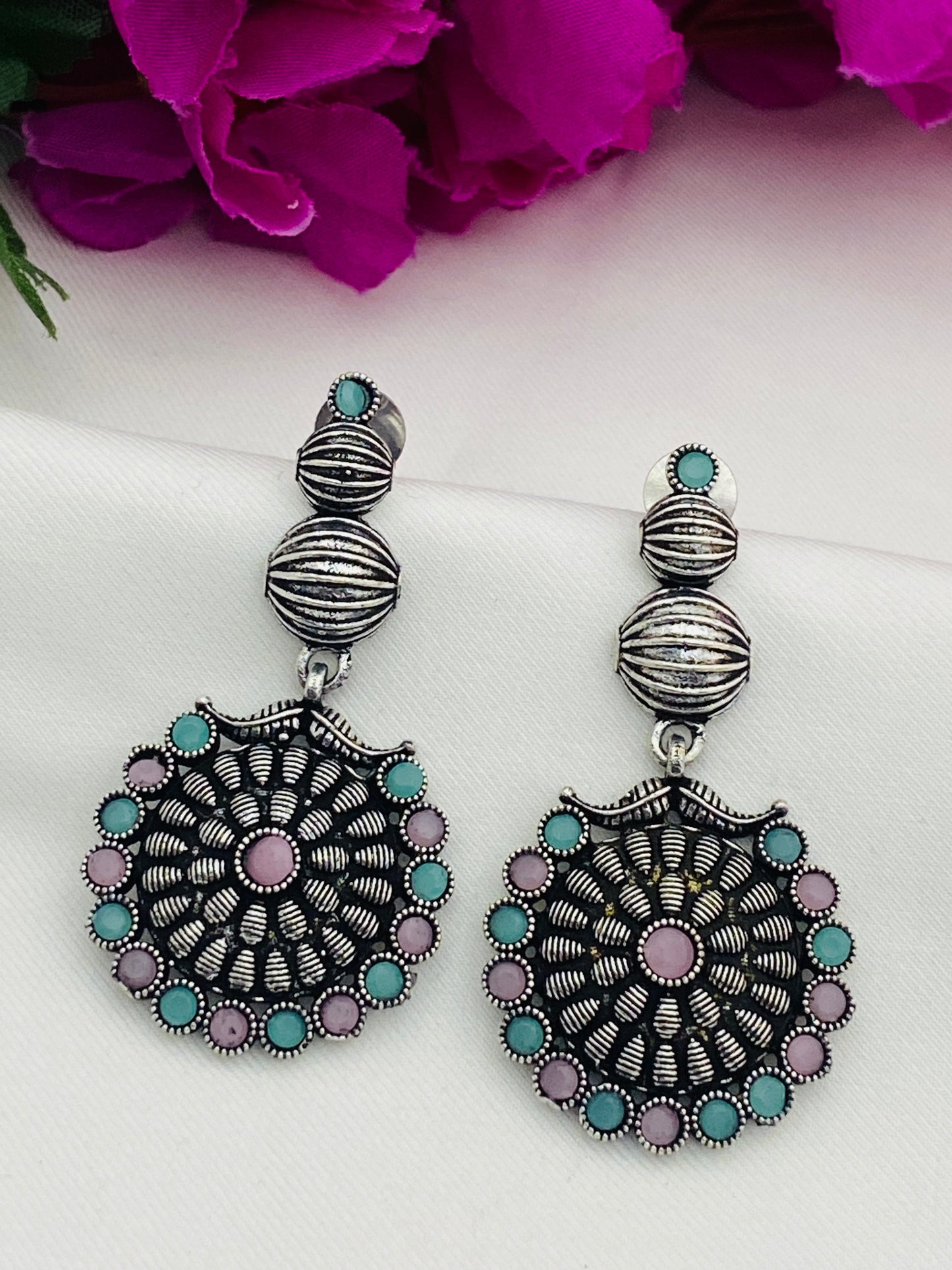 Floral Designed Silver Toned Designer Oxidized Earrings in USA