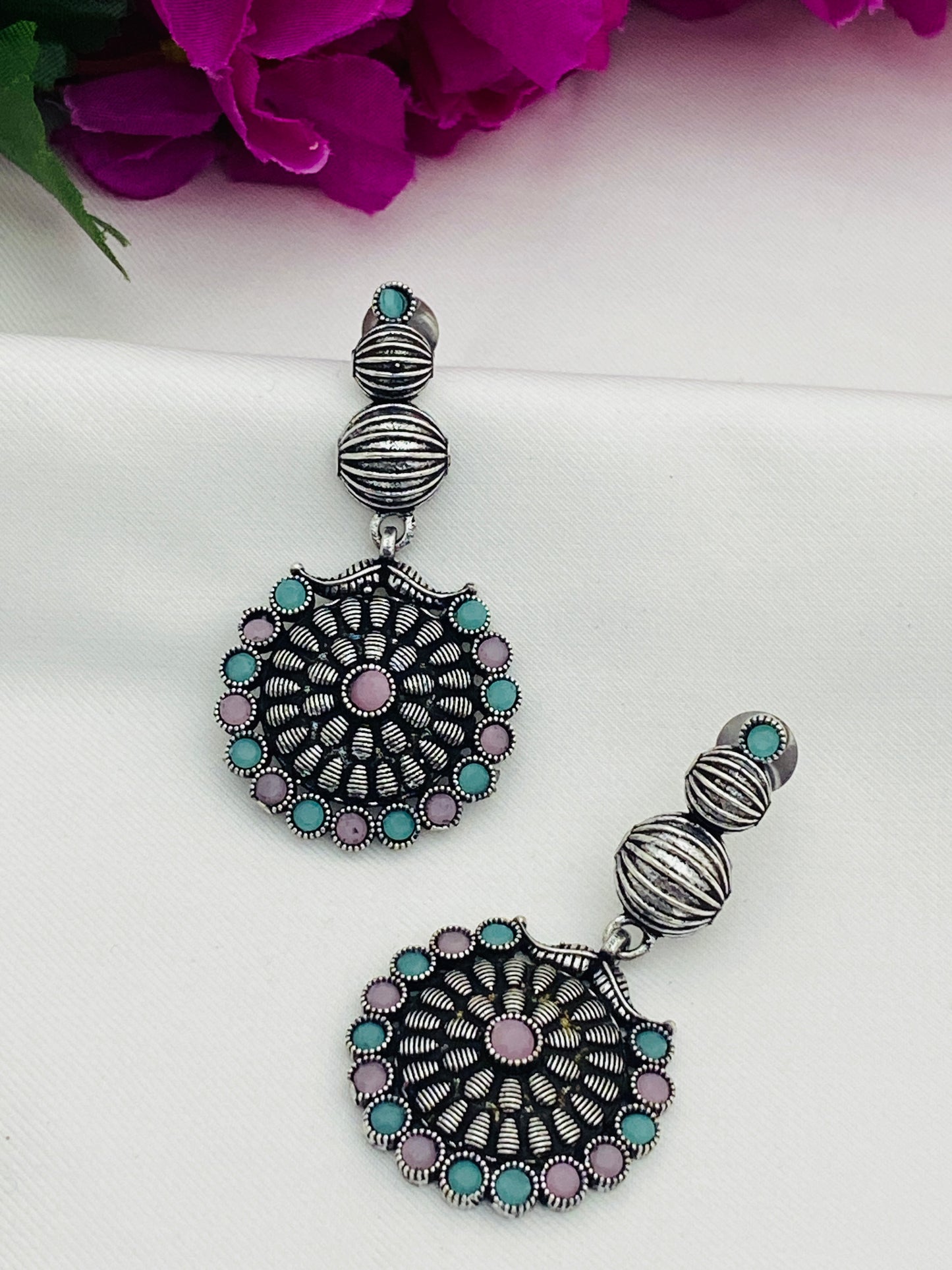Floral Designed Silver Toned Designer Oxidized Earrings in Yuma