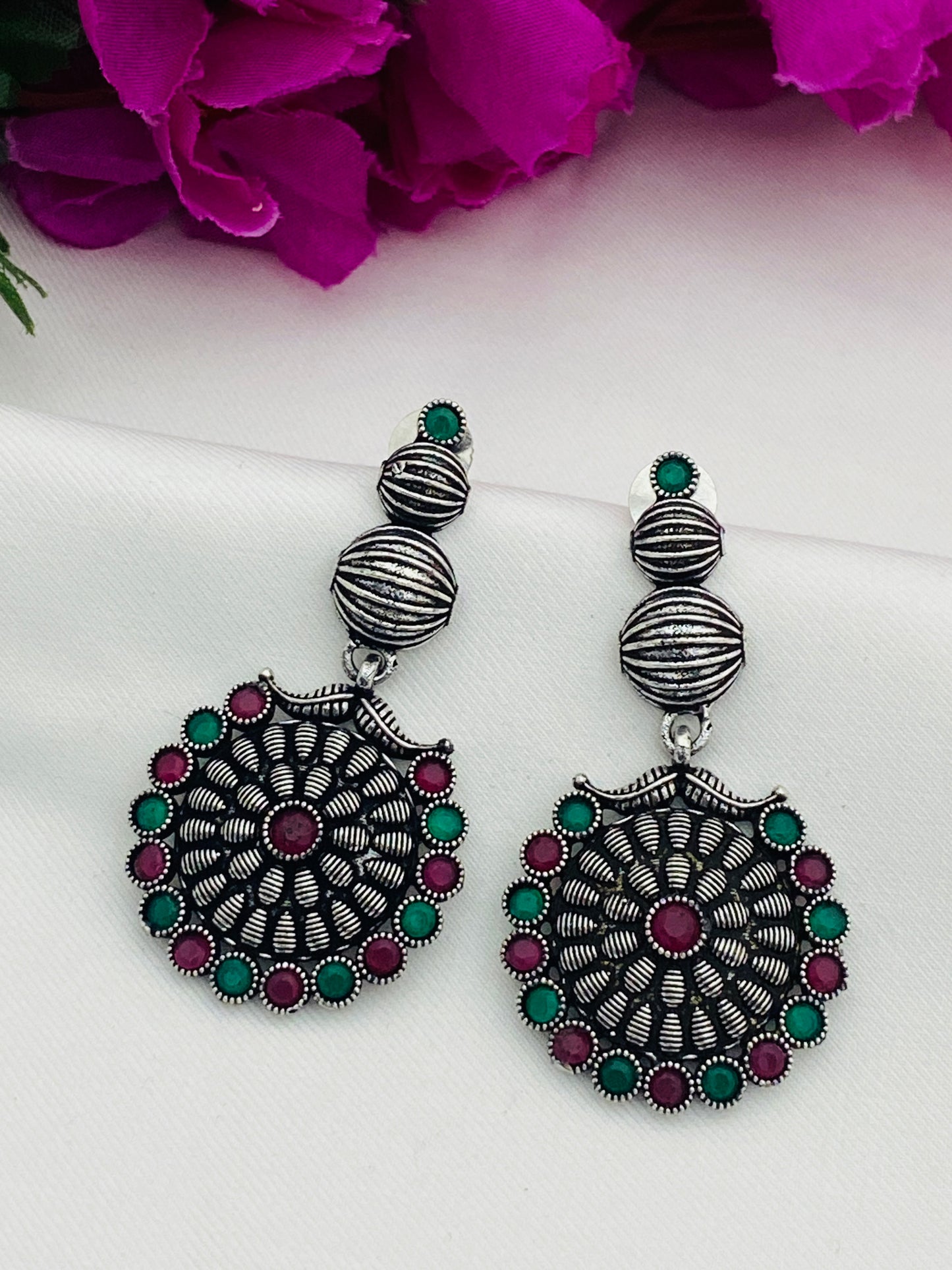 Silver Toned Long Oxidized Earrings For Women in USA