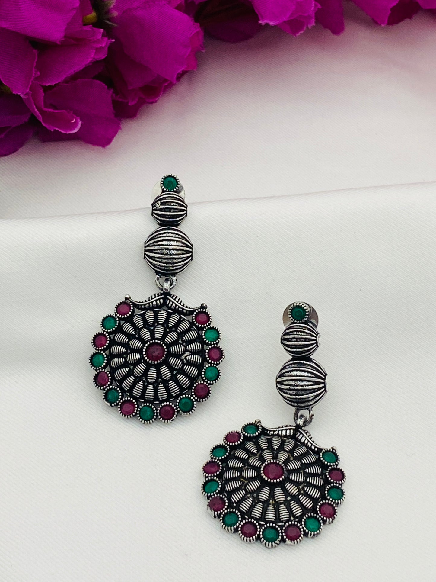Emerald And Ruby Stone Beaded Silver Toned Oxidized Earrings in Glendale