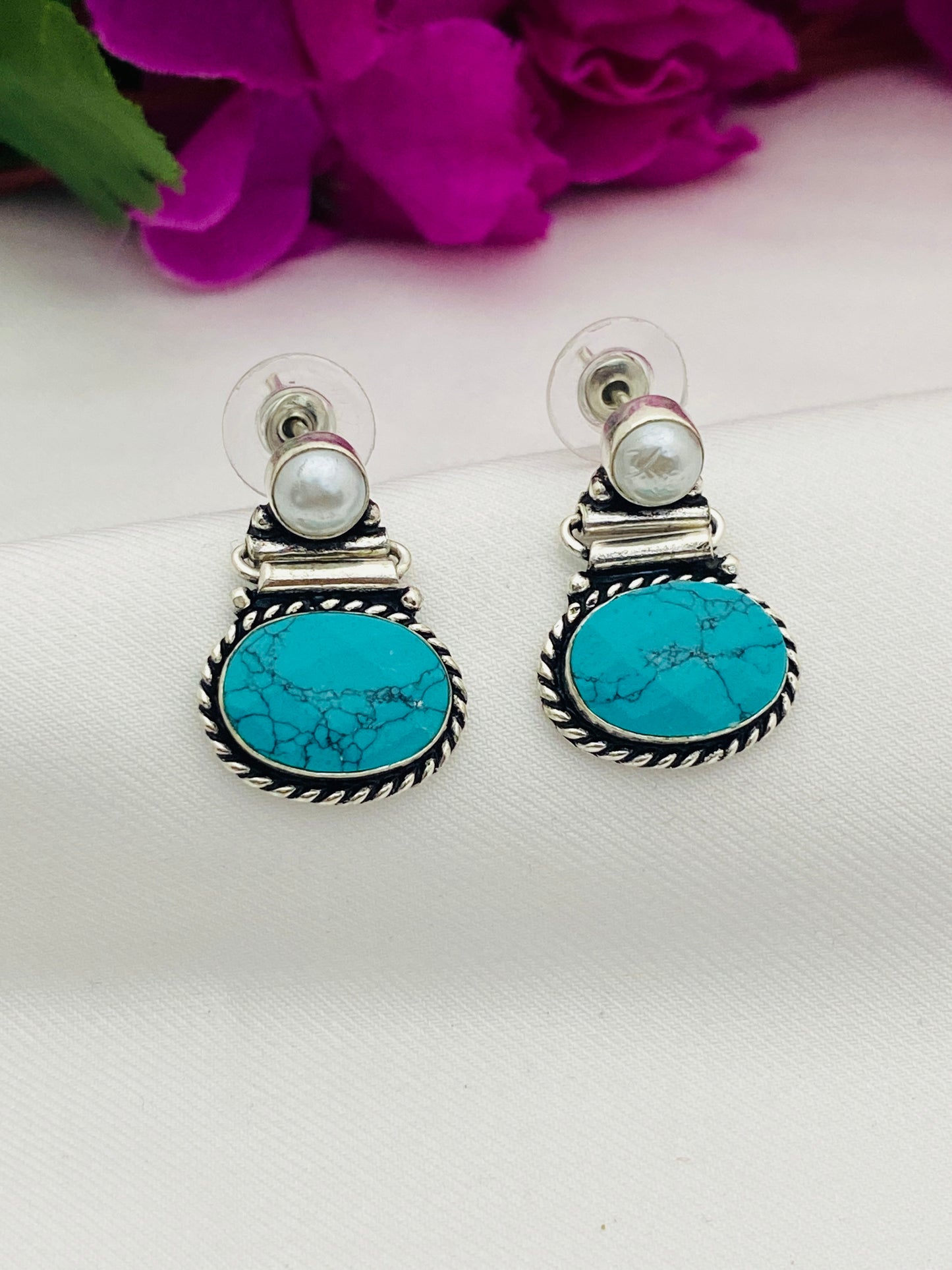 Turquoise Oxidized Pearl Earrings