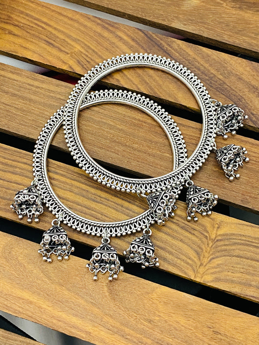 Elegant Oxidized Bangles with attached Small Jhumkas