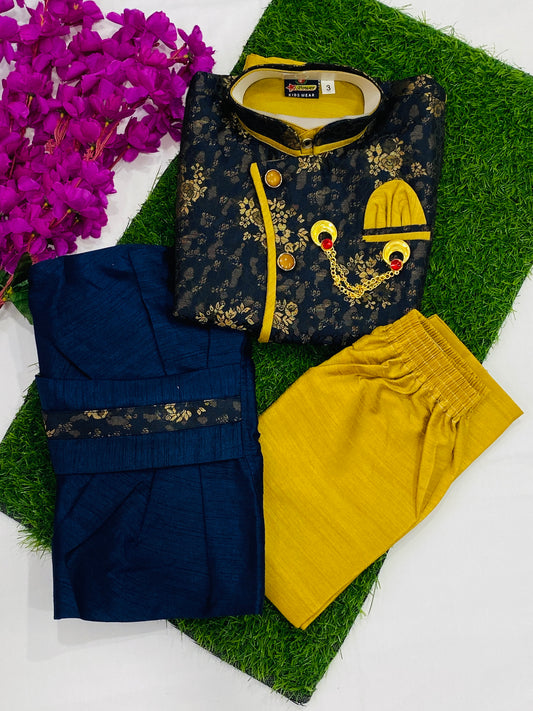 Royal Boys Silk Cotton Kurta Pajama Pant And Blue Dhoti Style Pant