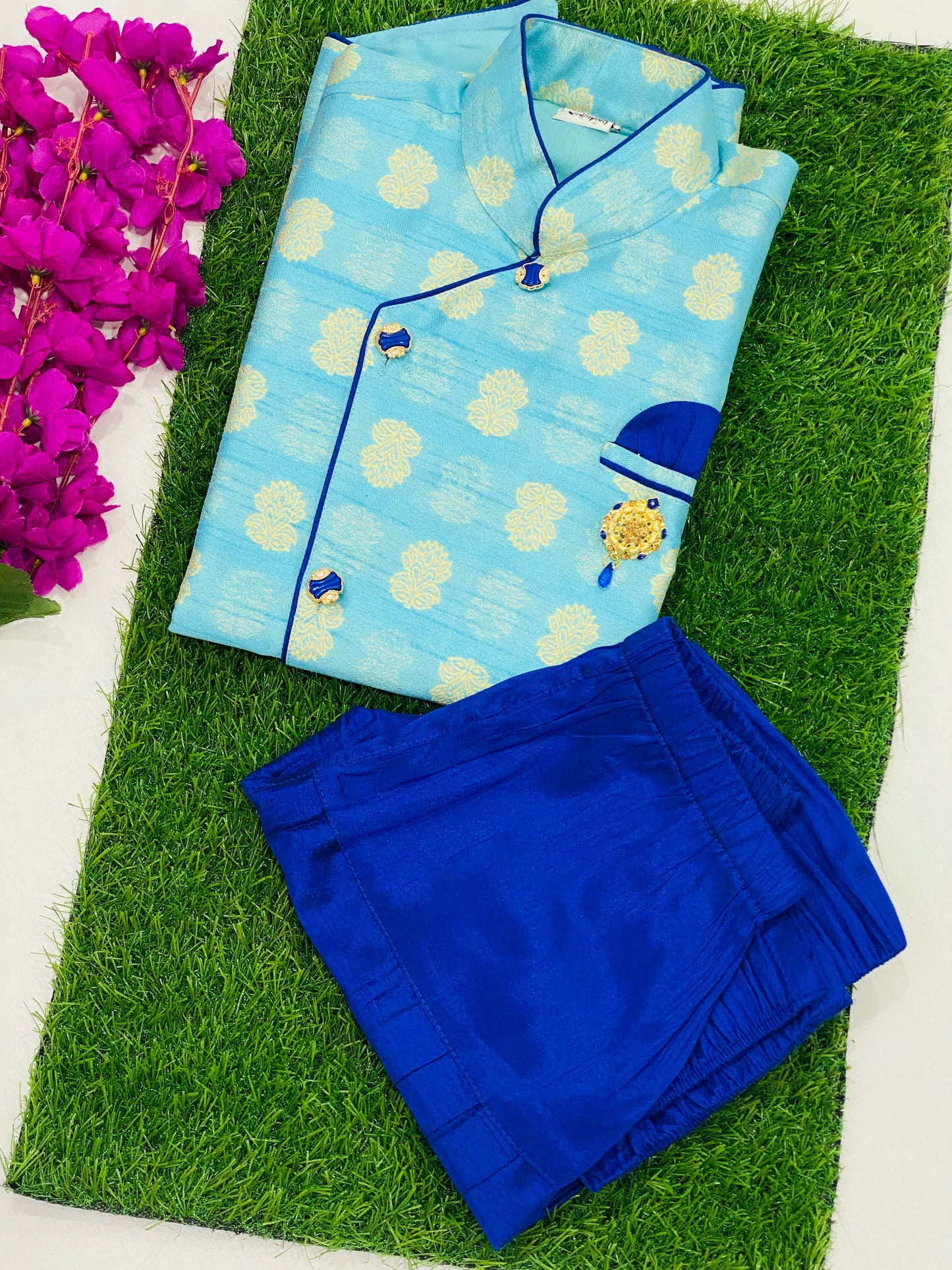 Attractive Sky Blue Color Designer Silk Kurta With Pajama Pant For Kids