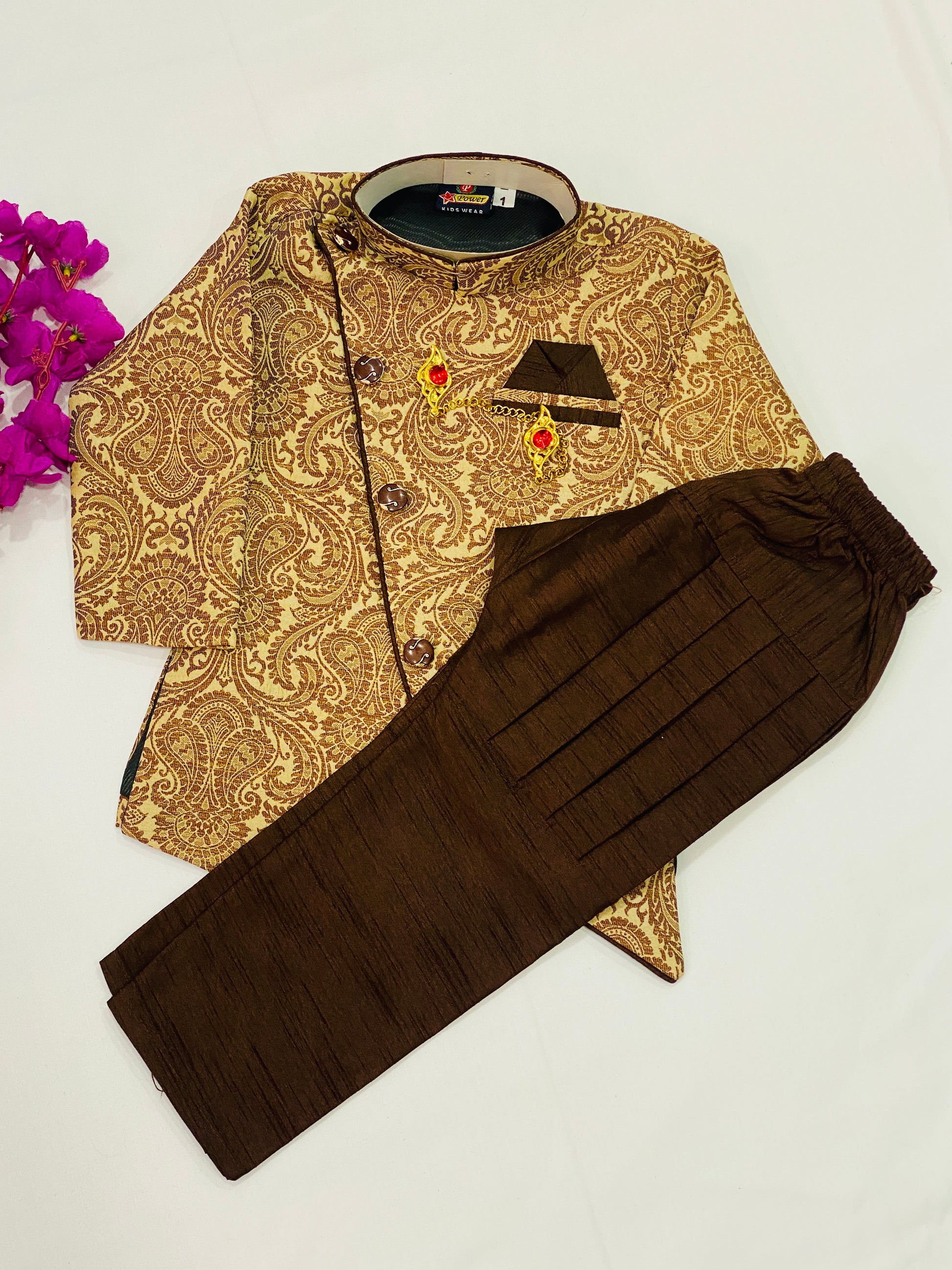 Traditional Ethnic Kids Silk Kurta Pajama Set - Brown
