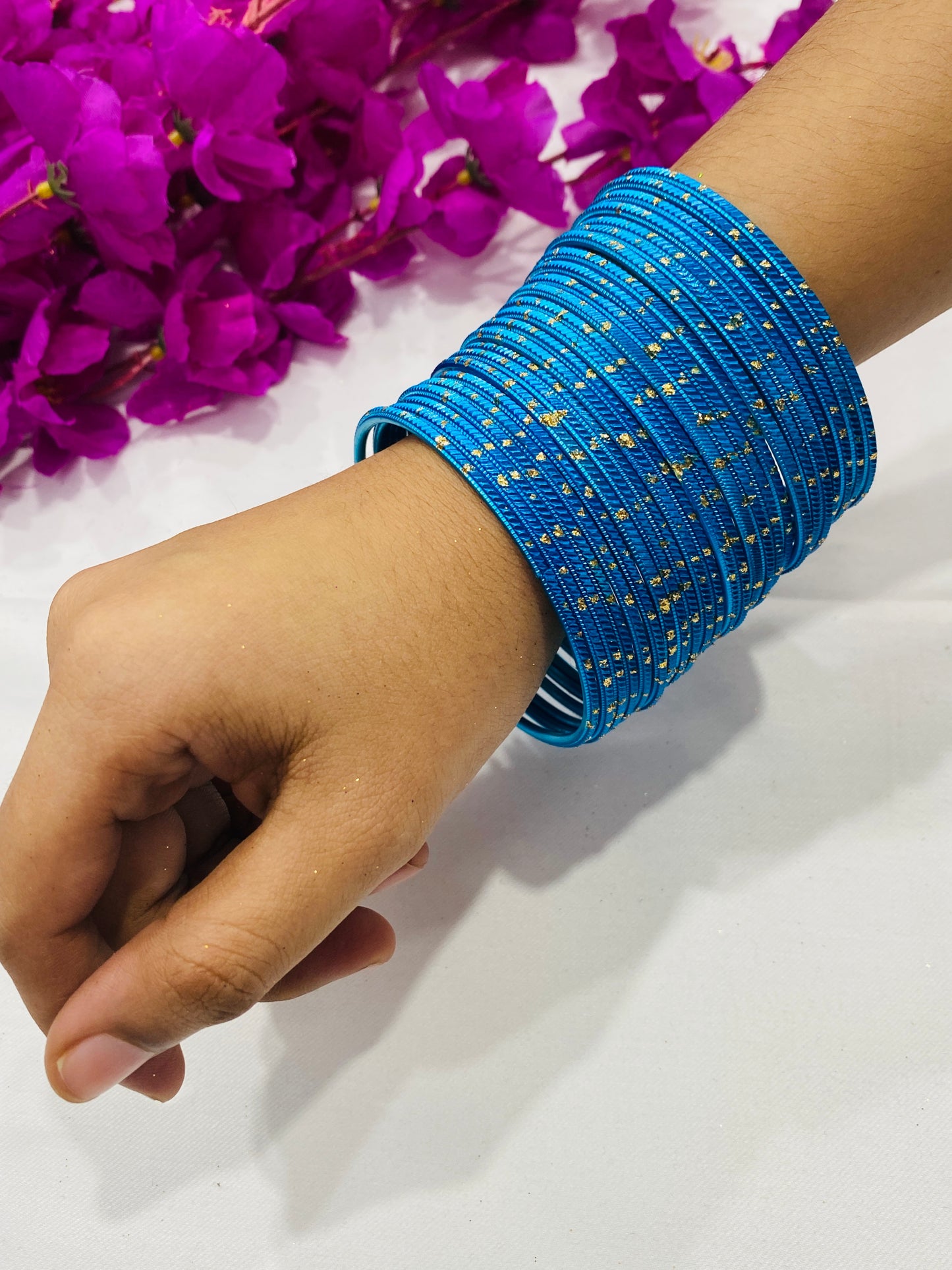 Alluring Golden Glaze Blue Color Metal Bangle Set For Women