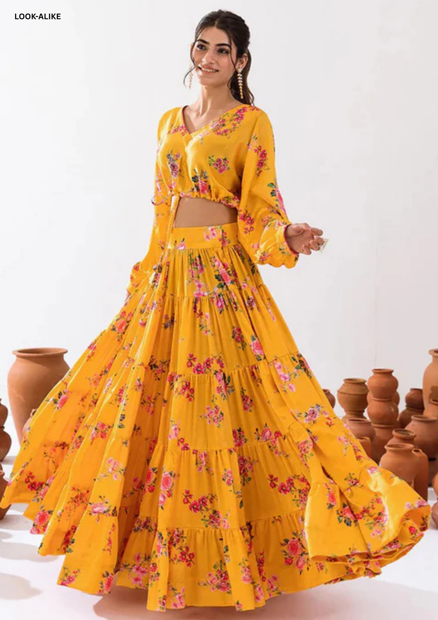 Beautiful Yellow Color Floral Printed Tier Lehenga With Crop Top