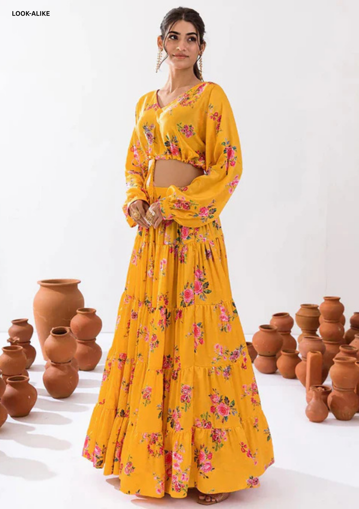 Beautiful Yellow Color Floral Printed Tier Lehenga With Crop Top In USA