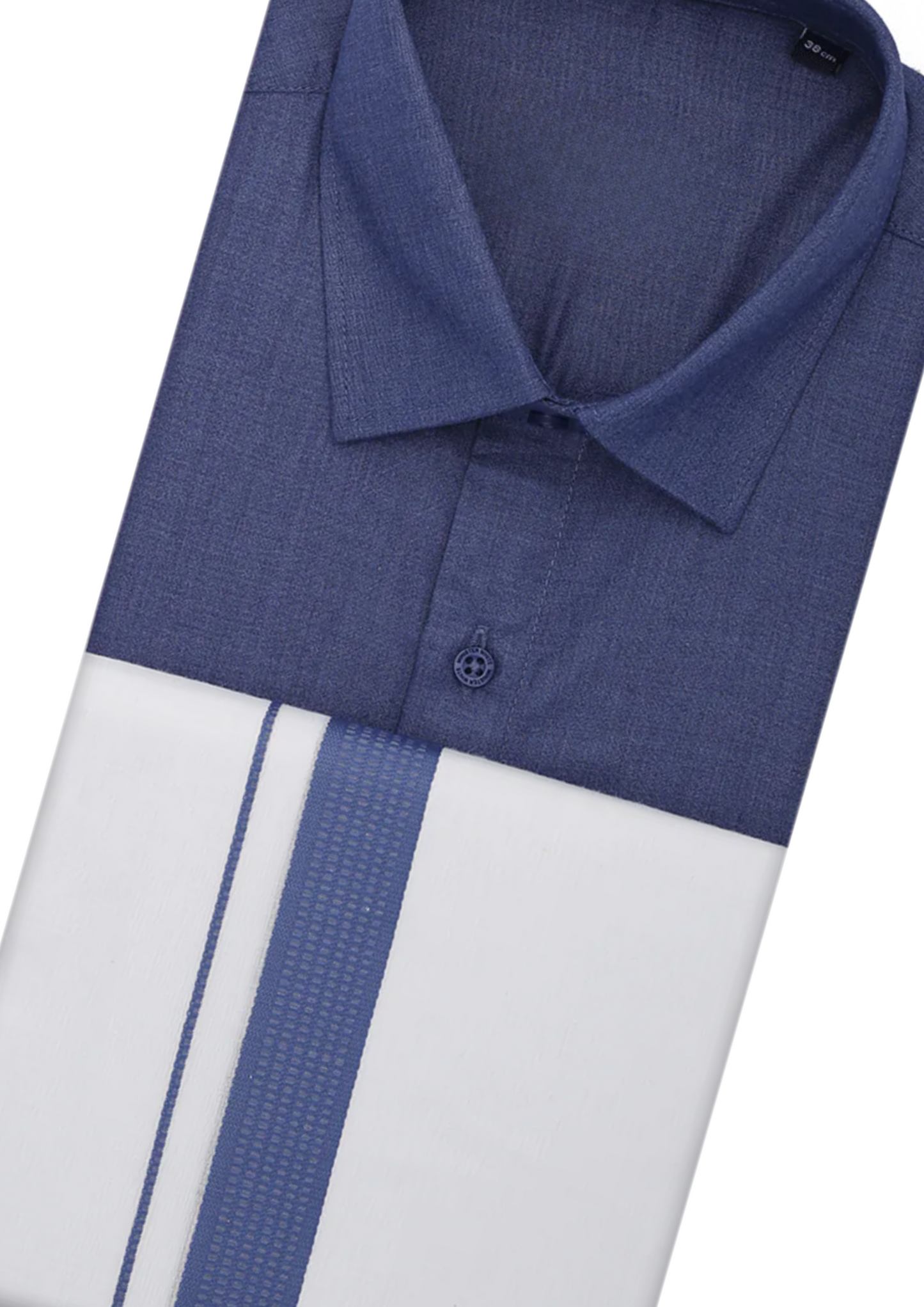 Magical Blue Color Half Sleeves Cotton Shirt With Matching Border Dhoti Near Me