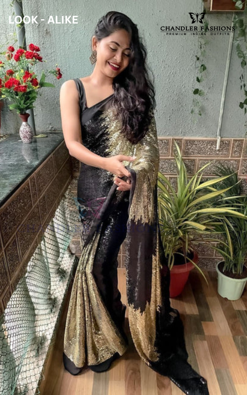 Shining Double Shade Beautiful Yellow And Black Sequins Work Saree