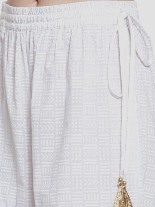 White Palazzo Pants With Self Design And Stipes Border In Mesa