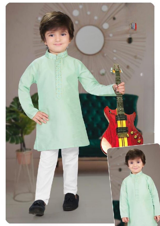 Alluring Light Green Color Banarasi Embroidery Work Kurta Pajama Set For Kids