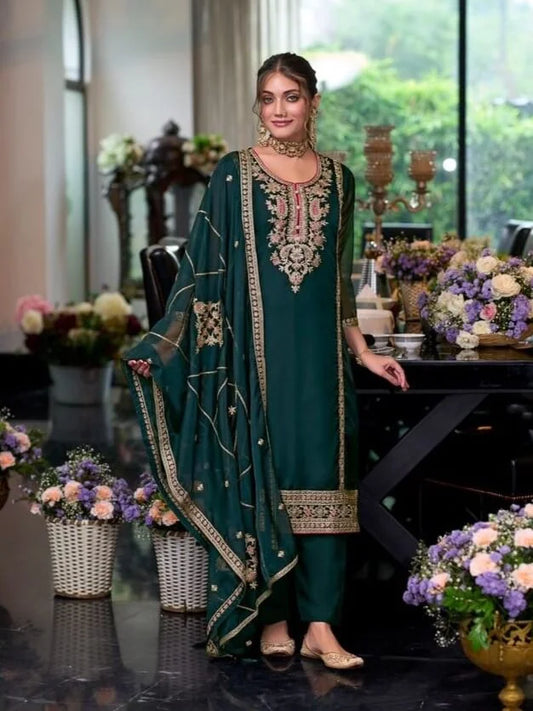 Gorgeous Green Color Organza With Zari And Thread Work Salwar Suits With Dupatta