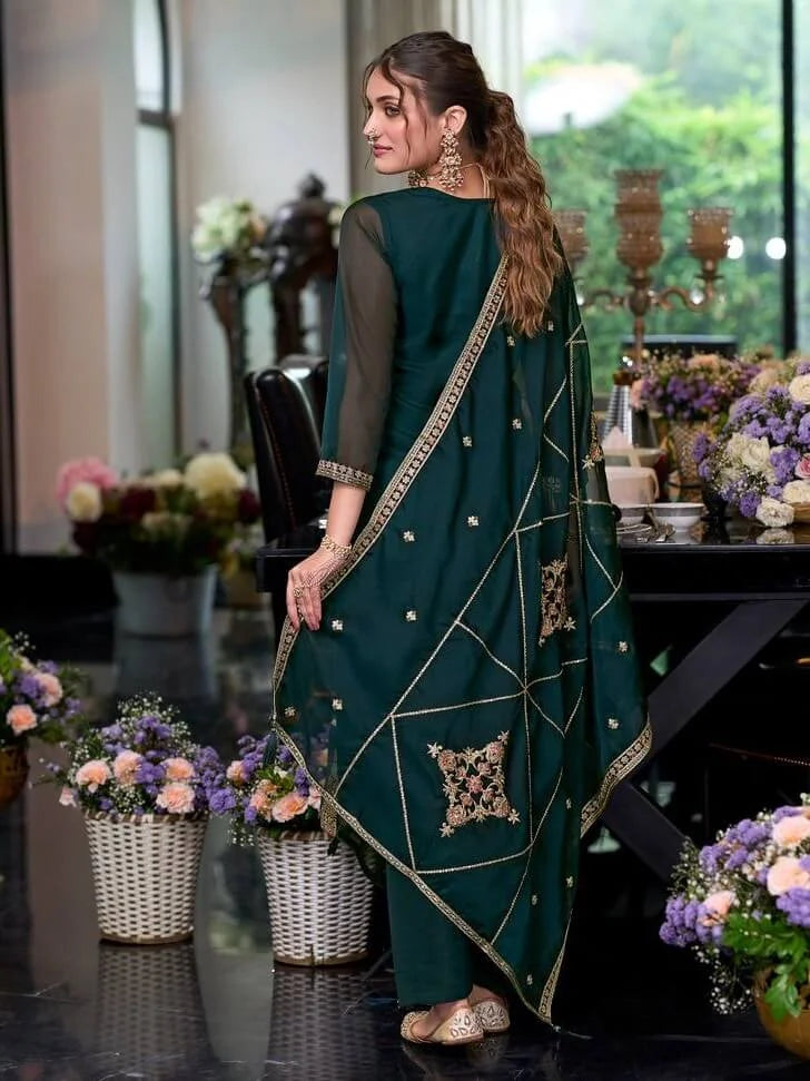 Green Color Organza With Zari And Thread Work Salwar Suits In USA