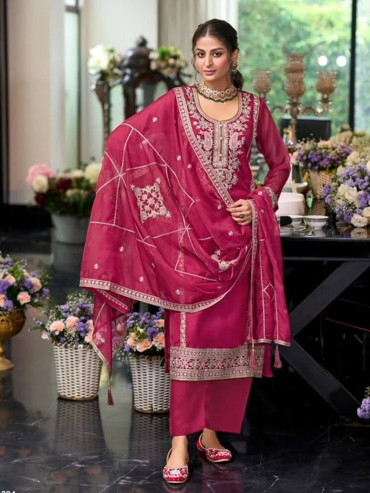 Elegant Pink Color Organza With Zari and Thread Work Salwar Suits in USA
