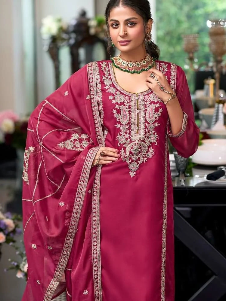 Elegant Pink Color Organza With Zari and Thread Work Salwar Suits Near Me