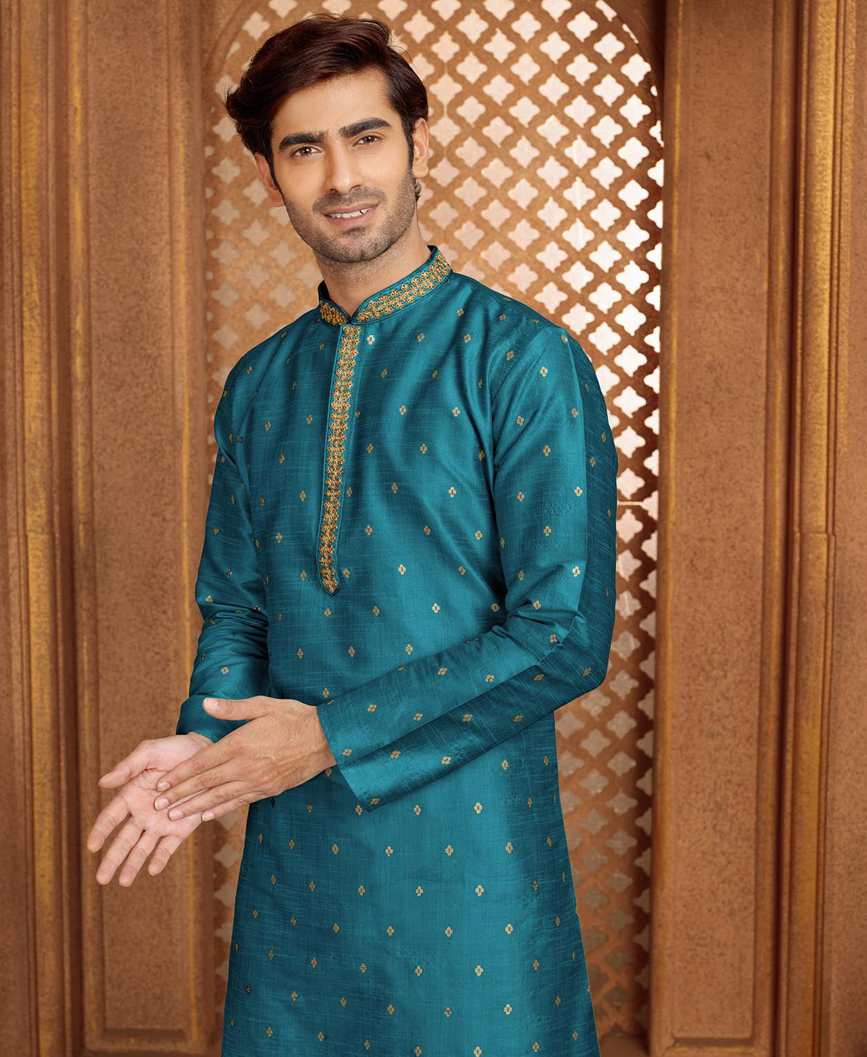 Attractive Blue Colored Poly Silk Cotton Mens Pajama Jacquard Kurta Sets