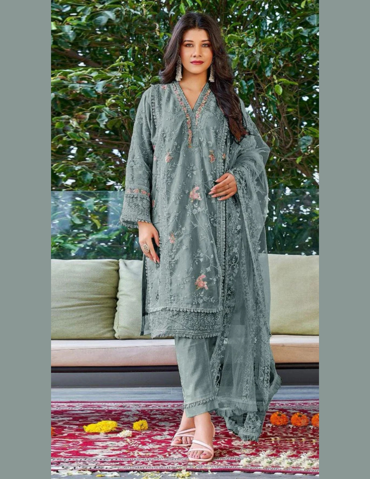 Amazing Gray Colored Georgette With Embroidery Work Salwar Suits For Women