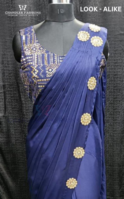 Beautiful Blue Colored Ready To Party Wear Lycra Designer Saree
