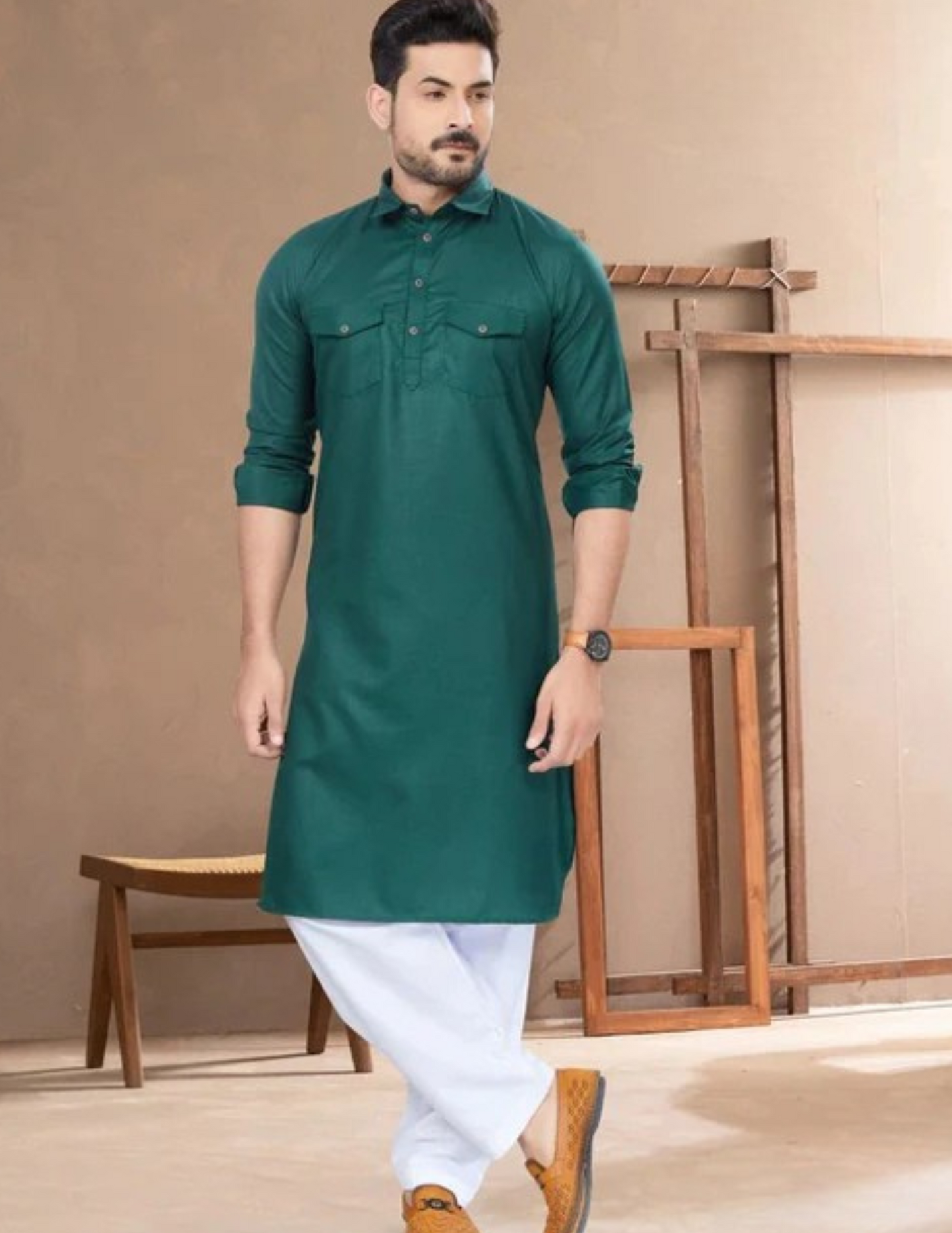Alluring Teal Green Colored Men's Pathani Kurta With Pajama Suit