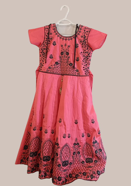 Gorgeous Light Pink Frock With Black Embroidery Work For Girls