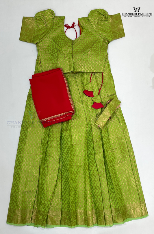Beautiful Green Colored Art Silk Half Saree Set For Girls