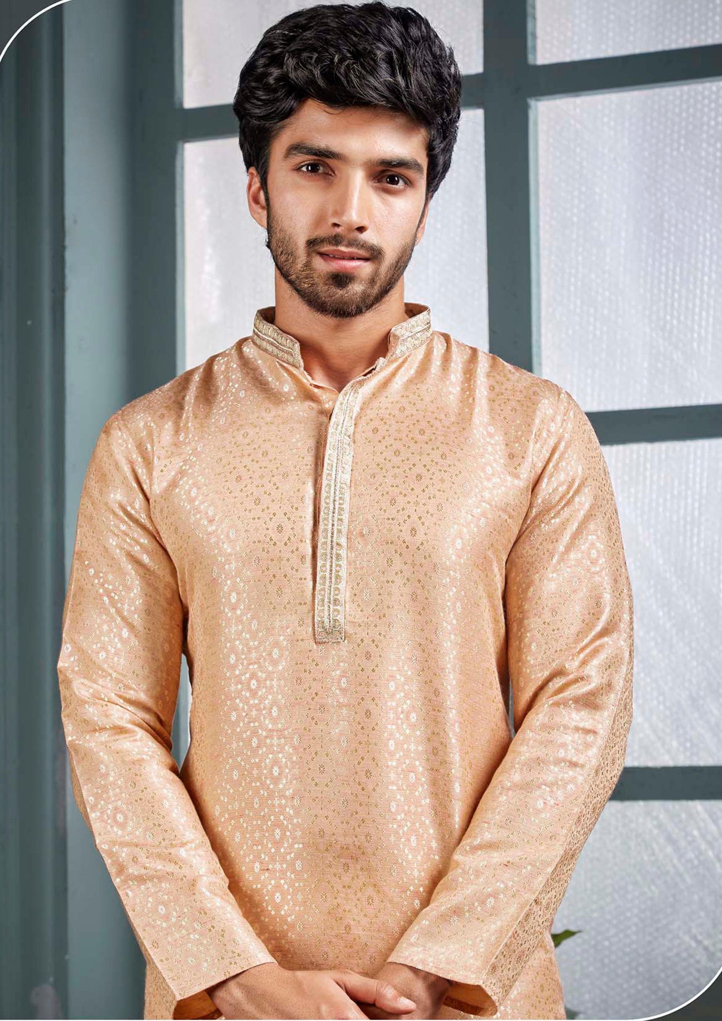 Peach Colored Poly Cotton Pajama Pant With Poly Jacquard Kurta Sets Near Me