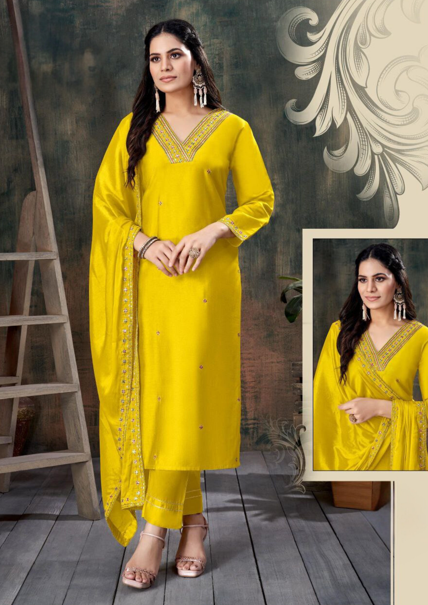 Yellow Color Roman With Heavy Embroidery Work Kurti Suit In USA