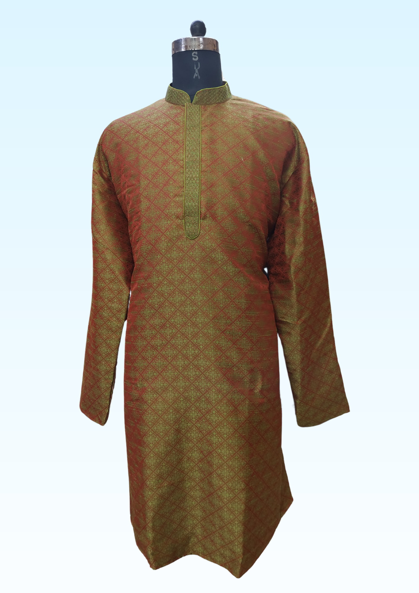 Wonderful Soft Brocade And Printed Mehndi Green Colored Kurta With Pajama Pant For Men