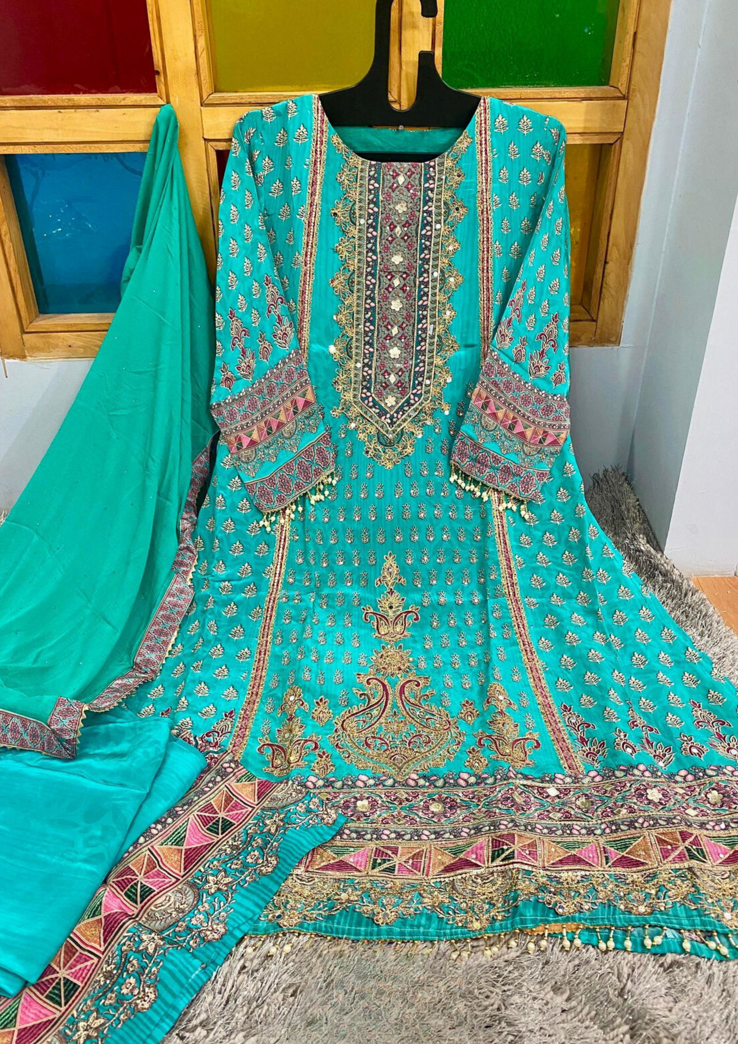 Amazing Sky Blue Color Designer Pure Crepe Palazzo Suits With Chiffon Dupatta