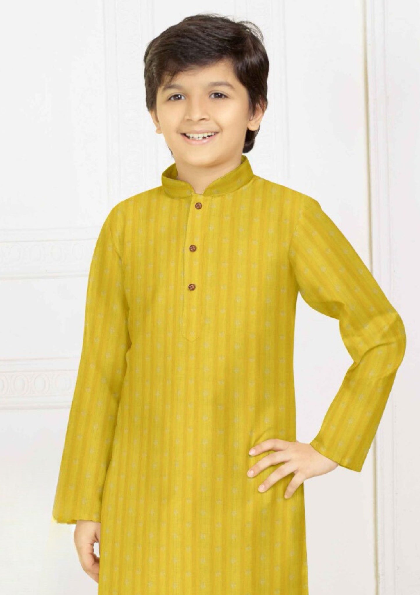 Yellow Color Designer Poly Blended Kurta Pajama Set For Kids Near Me