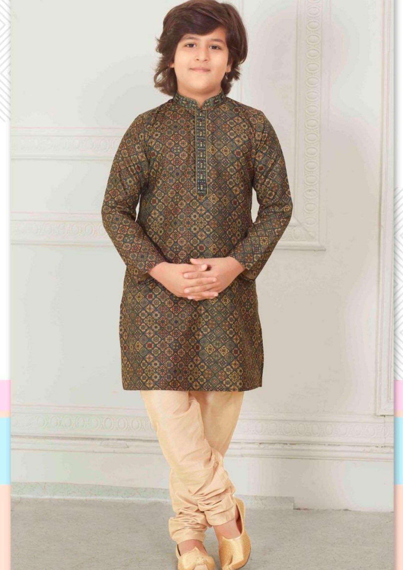 Fabulous Green Color Kurta Pajama Set With Digital Print Work For Boys