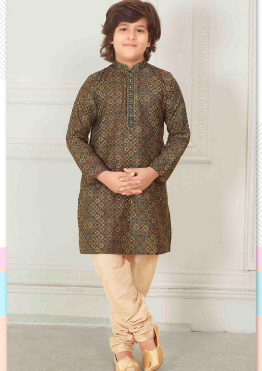 Fabulous Green Color Kurta Pajama Set With Digital Print Work For Boys