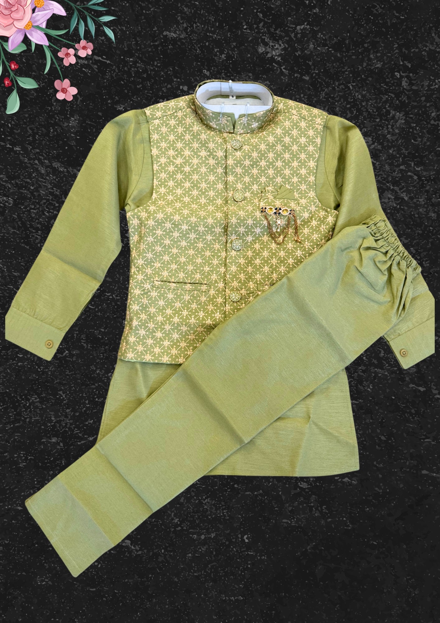 Alluring Light Green Color Silk Cotton Kid's Kurta In USA