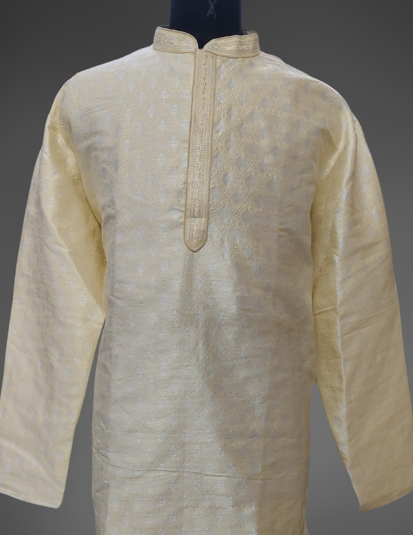 Pretty Beige Colored Soft Brocade Kurta With Pajama Pant For Men Near Me