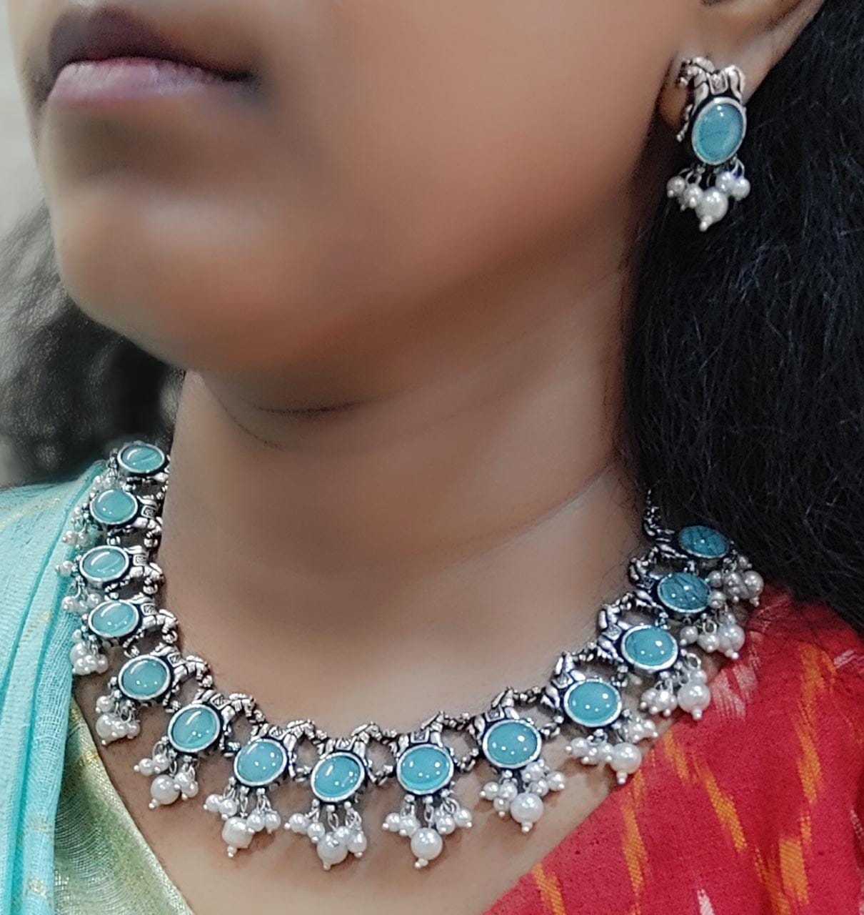 Trendy German Silver Unicorn Sky Blue Stone Beaded Oxidized Necklace With Earrings